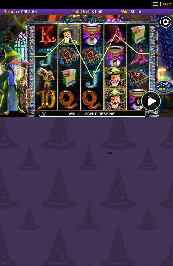 Merlin's Magic Respins slot gameplay showing 5x3 grid with Merlin wild, Cauldron scatter, spellbook and SuperBet button