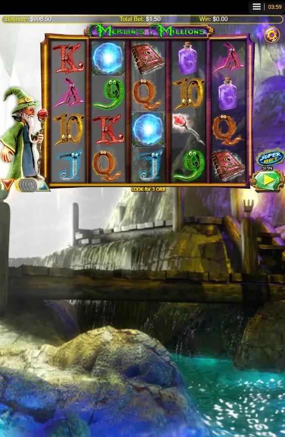 Merlin's Millions slot gameplay showing 5x4 grid with blue Orb scatters, potion symbols and the SuperBet panel