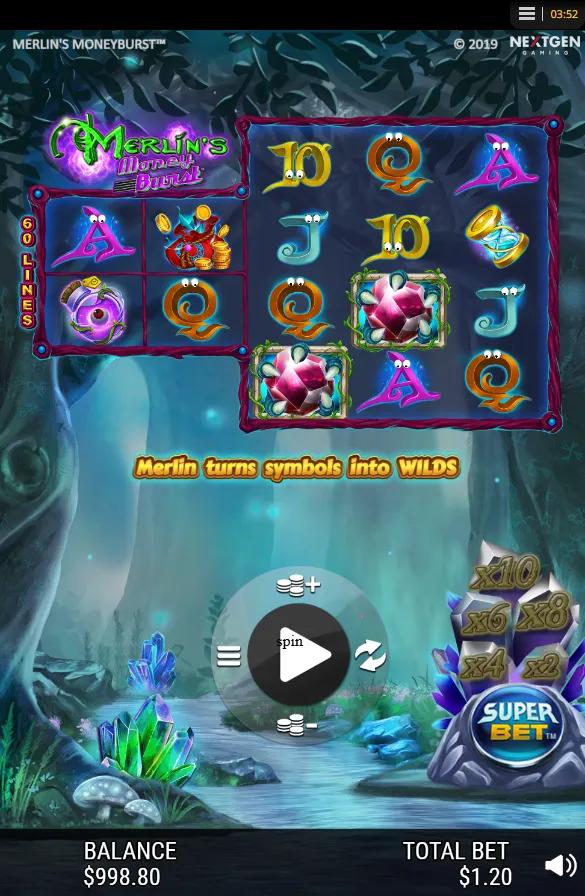 Merlin's Money Burst gameplay showing the split-reel 60-line grid with Merlin wizard symbols and the SuperBet x2-x10 tower