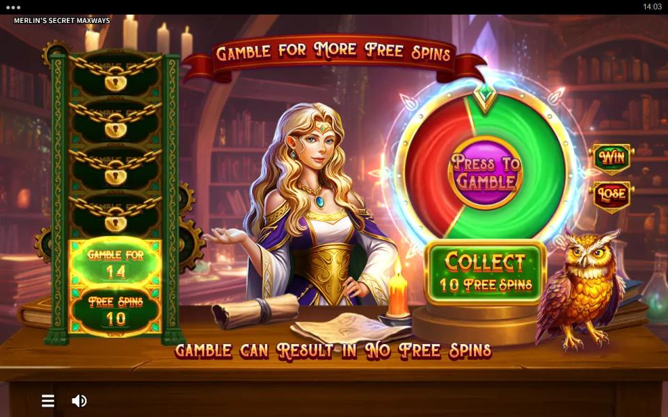 Merlin's Secret Maxways gamble screen offering to collect 10 free spins or gamble for 14 on a red and green wheel, with four locked rungs above