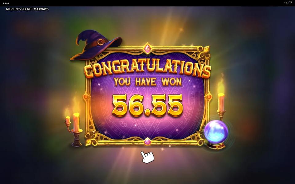 Merlin's Secret Maxways free spins summary screen showing a total win of 56.55 at a 1.00 bet