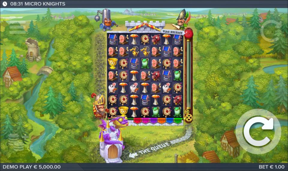 The Micro Knights 7x7 board seen from above the kingdom, with the empty stone road marked THE QUEUE running away from the bottom, six blank flag slots and an empty meter up the right side