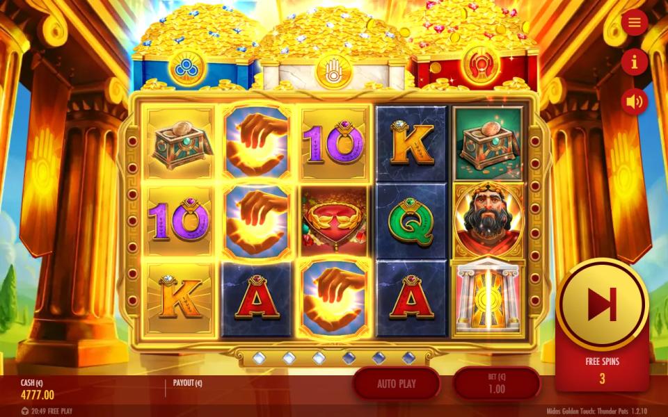 Midas Golden Touch: Thunder Pots free spins in a temple of gold, three overflowing chests above a 5x3 board with Blue Wild hands and gold-framed winning symbols locked for a Sticky Respin