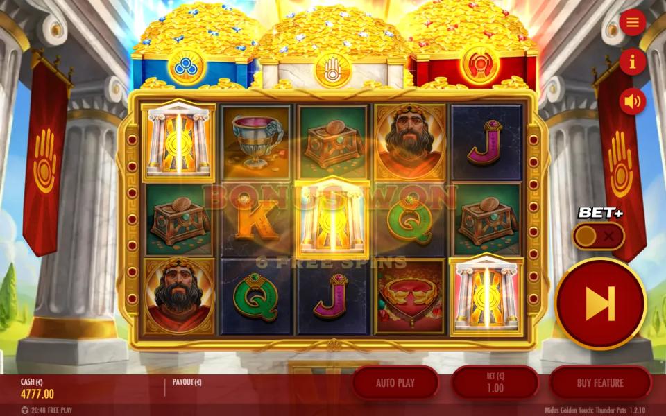 One blue, one white and one red Scatter tile on reels 1, 3 and 5 with all three treasure chests overflowing and the BONUS WON 6 FREE SPINS banner