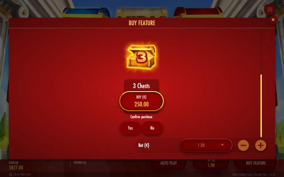 Buy Feature panel with 3 Chests at 250.00 on a 1.00 bet and a Confirm purchase Yes or No prompt