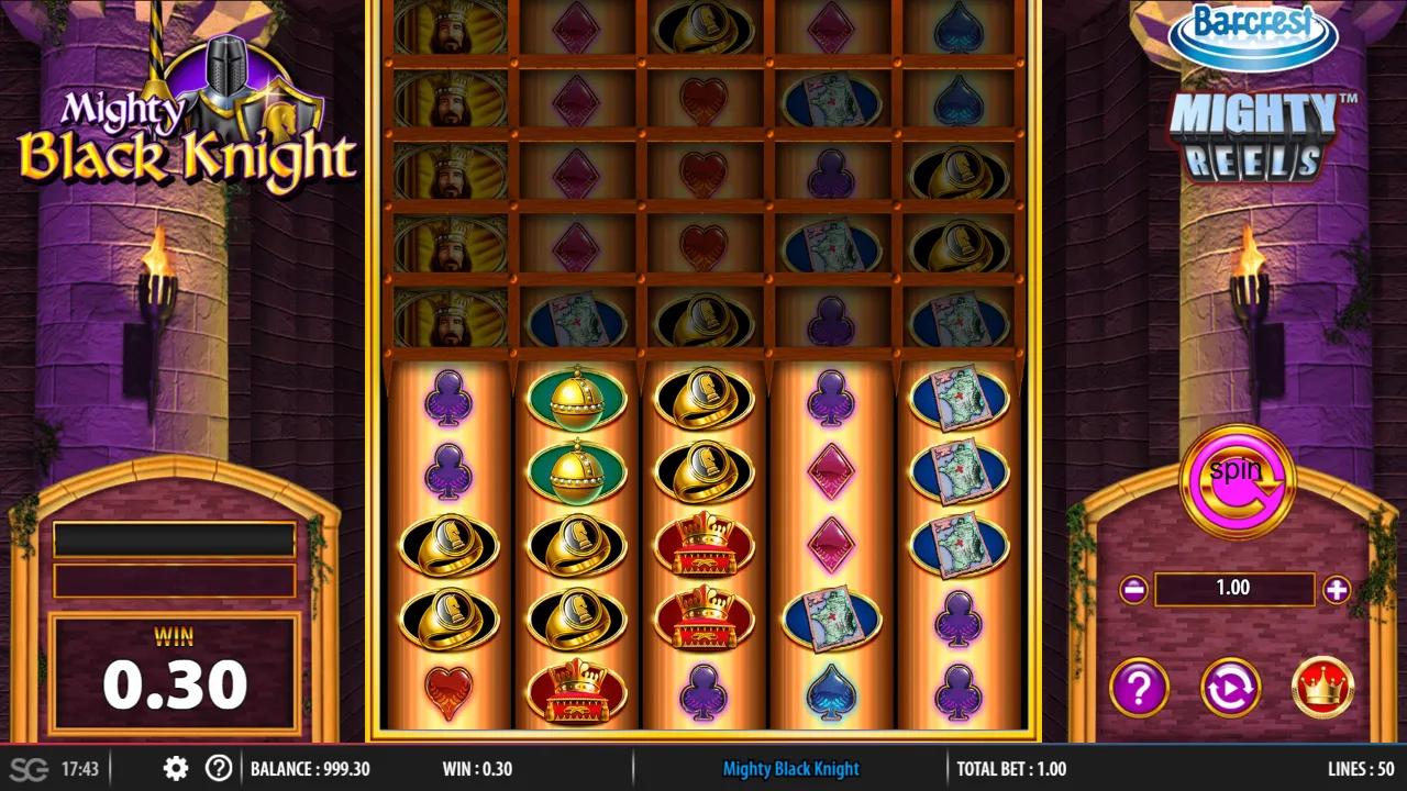 Mighty Black Knight slot gameplay showing 5x5 castle grid with the Black Knight expanding Wild on reel 4