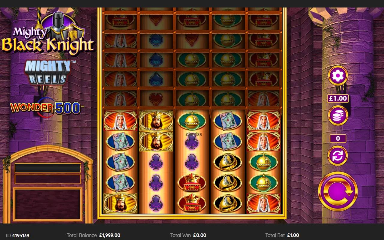 Mighty Black Knight Wonder 500 slot showing 5x5 base grid with locked upper rows and Knight wild on the reels