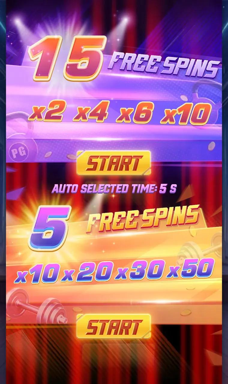 Mighty Mania free spins choice between 15 spins on x2 to x10 and 5 spins on x10 to x50 with a five-second timer