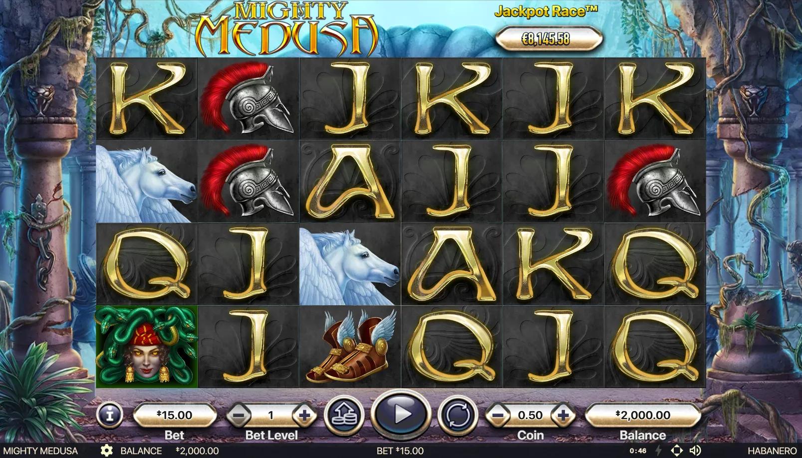 Mighty Medusa slot gameplay showing 6x4 grid with Medusa 2x2 colossal wild, Pegasus colossal, Spartan helmets, and gold card royals on Mount Olympus marble-temple backdrop