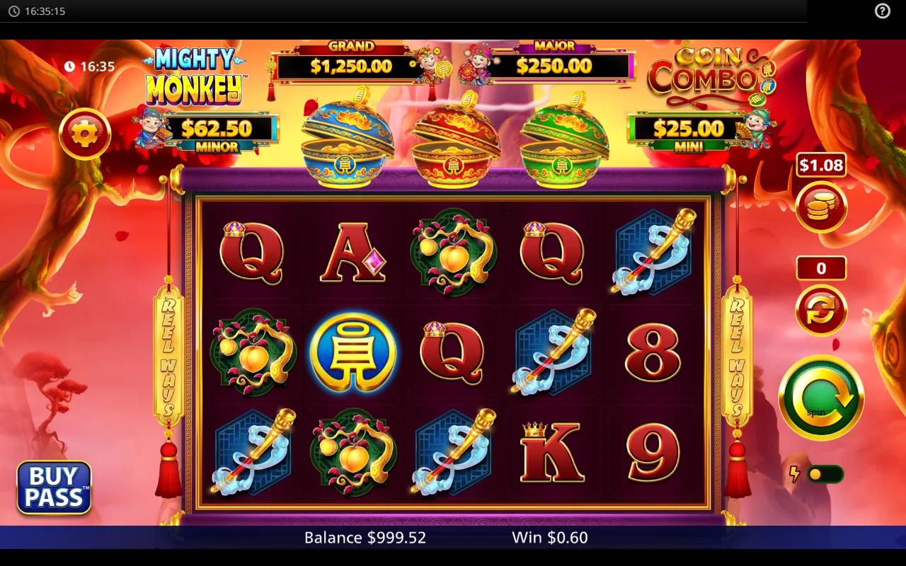 Mighty Monkey Coin Combo gameplay showing 5x3 grid with red, blue and green Element Coin bowls and the Monkey wild on the reels