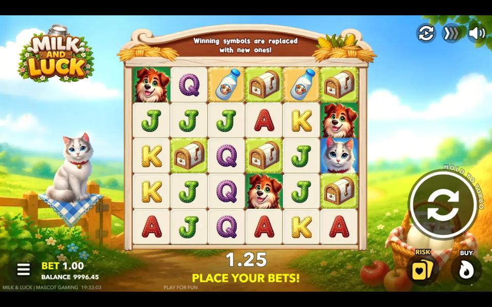 Milk and Luck base game on a 6x5 grid of farm animals and stitched royal letters, showing a 1.25 win after a Rockfall cascade