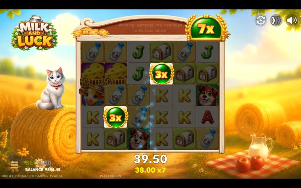 Milk and Luck free spins board with two x3 multiplier orbs and a 7x total multiplier applied to a 38.00 win