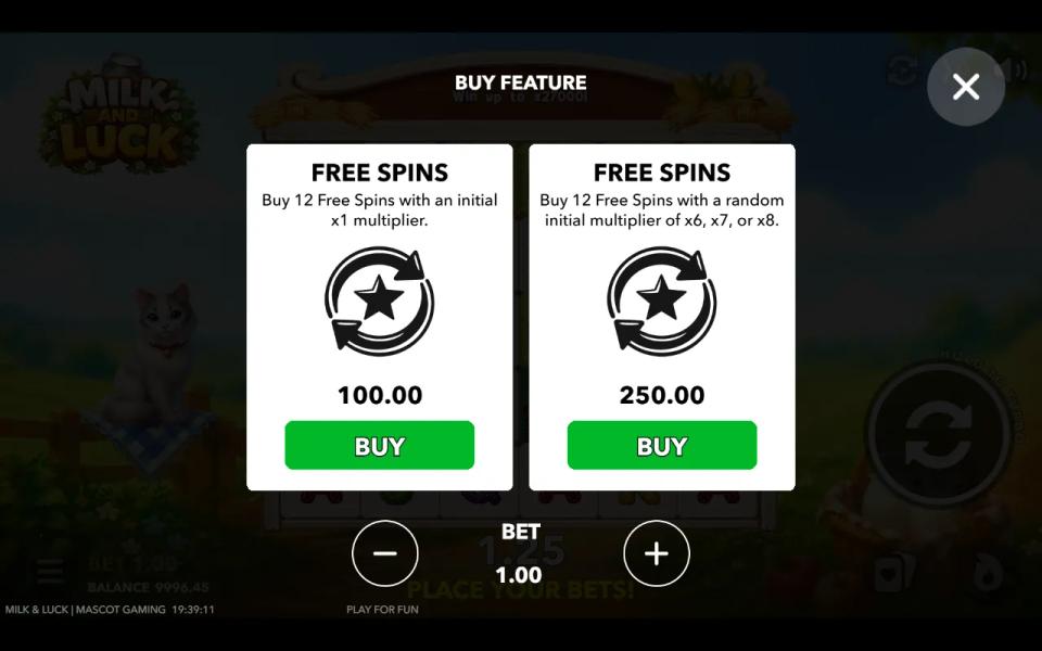 Milk and Luck buy feature menu offering twelve free spins for 100.00 or for 250.00 with a random x6 to x8 starting multiplier