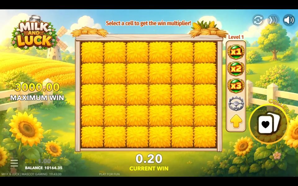 Milk and Luck Risk Mines grid of thirty hay bales with a legend showing x1, x2 and x3 multipliers, a bear trap and a level-up arrow