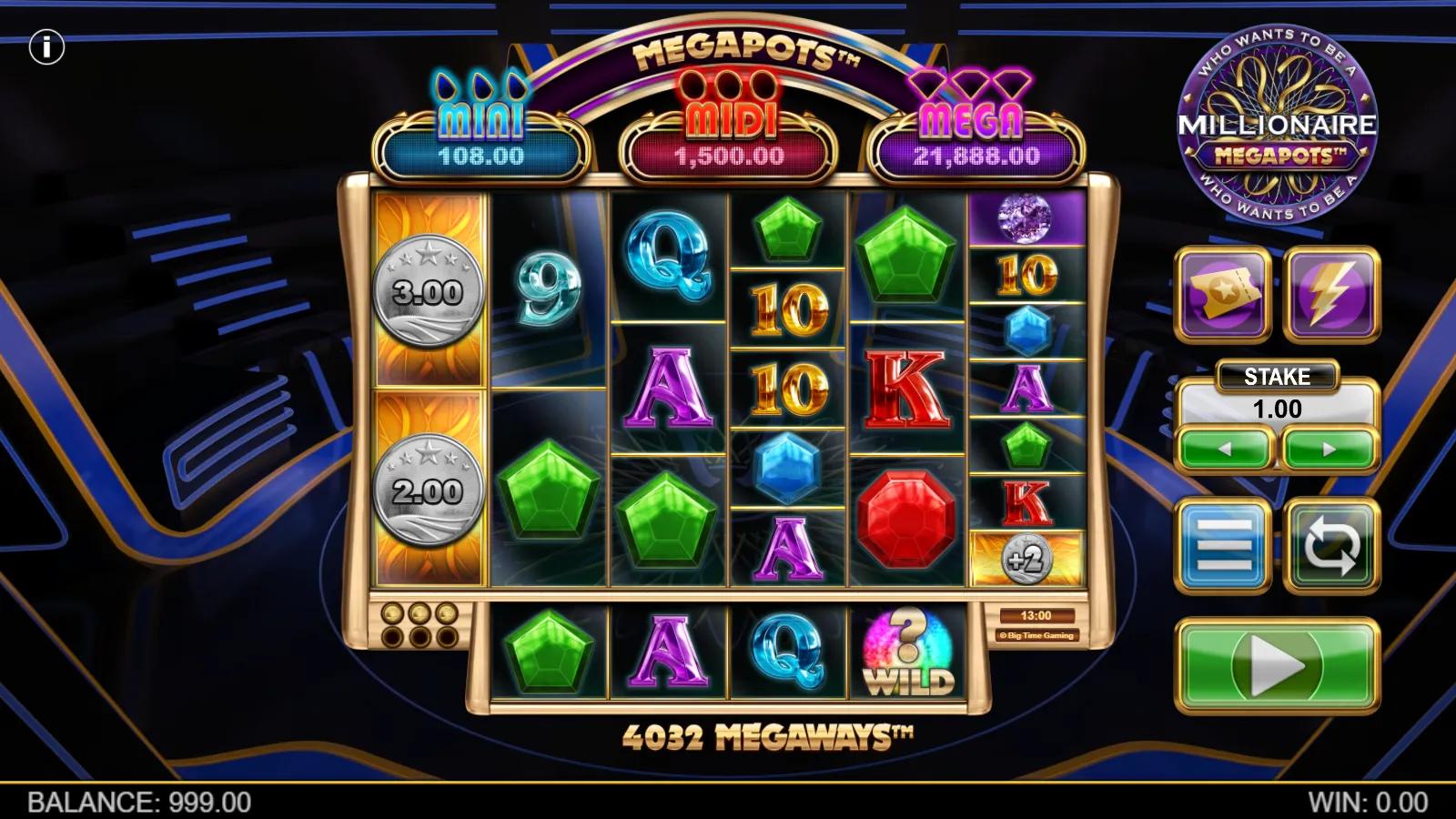Millionaire Megapots slot gameplay showing the 6-reel Megaways grid with extra reel, Megapots meters and gem symbols