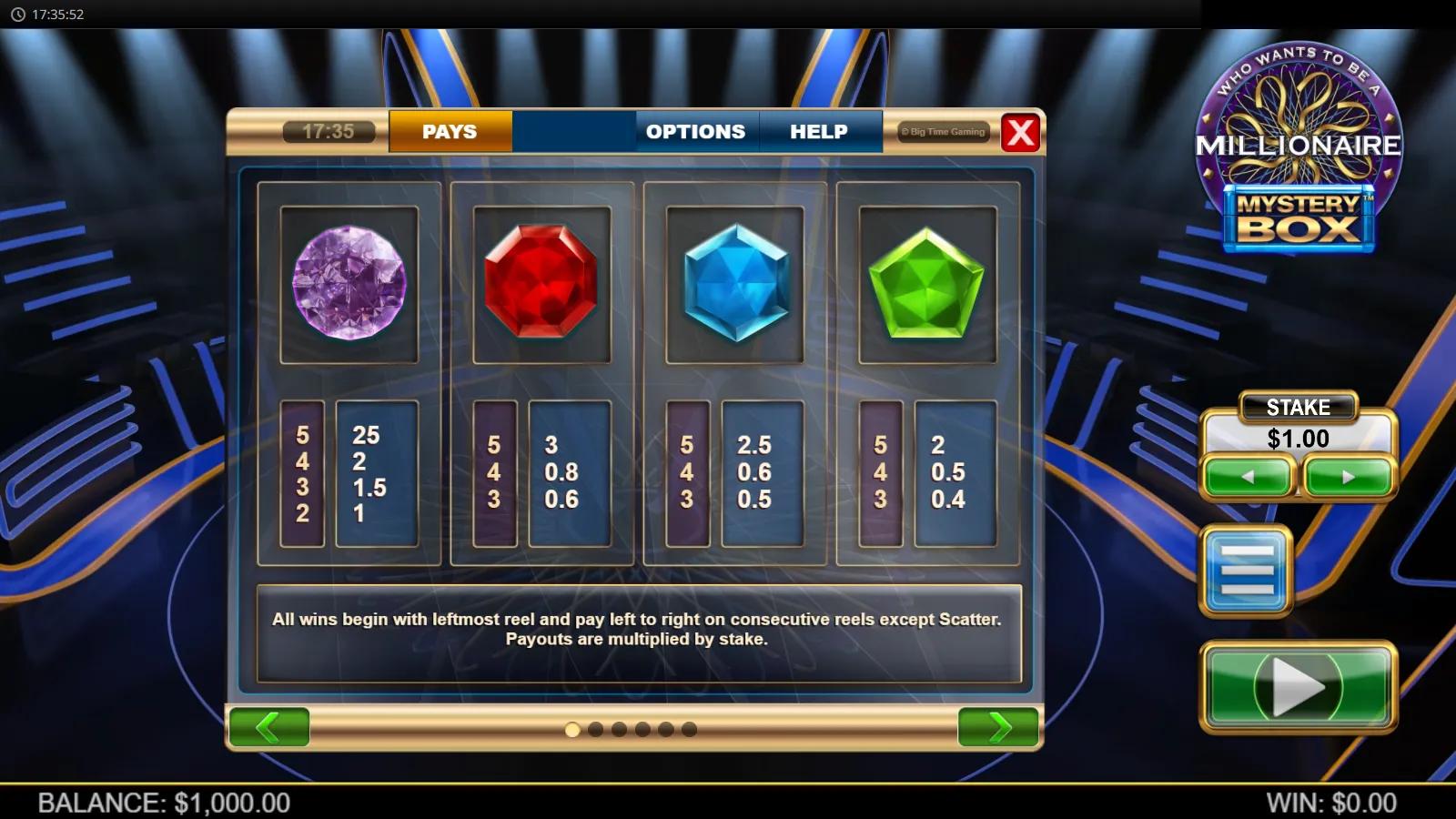 Millionaire Mystery Box slot PAYS screen showing cut-gem symbol payouts on the Who Wants to Be a Millionaire studio stage
