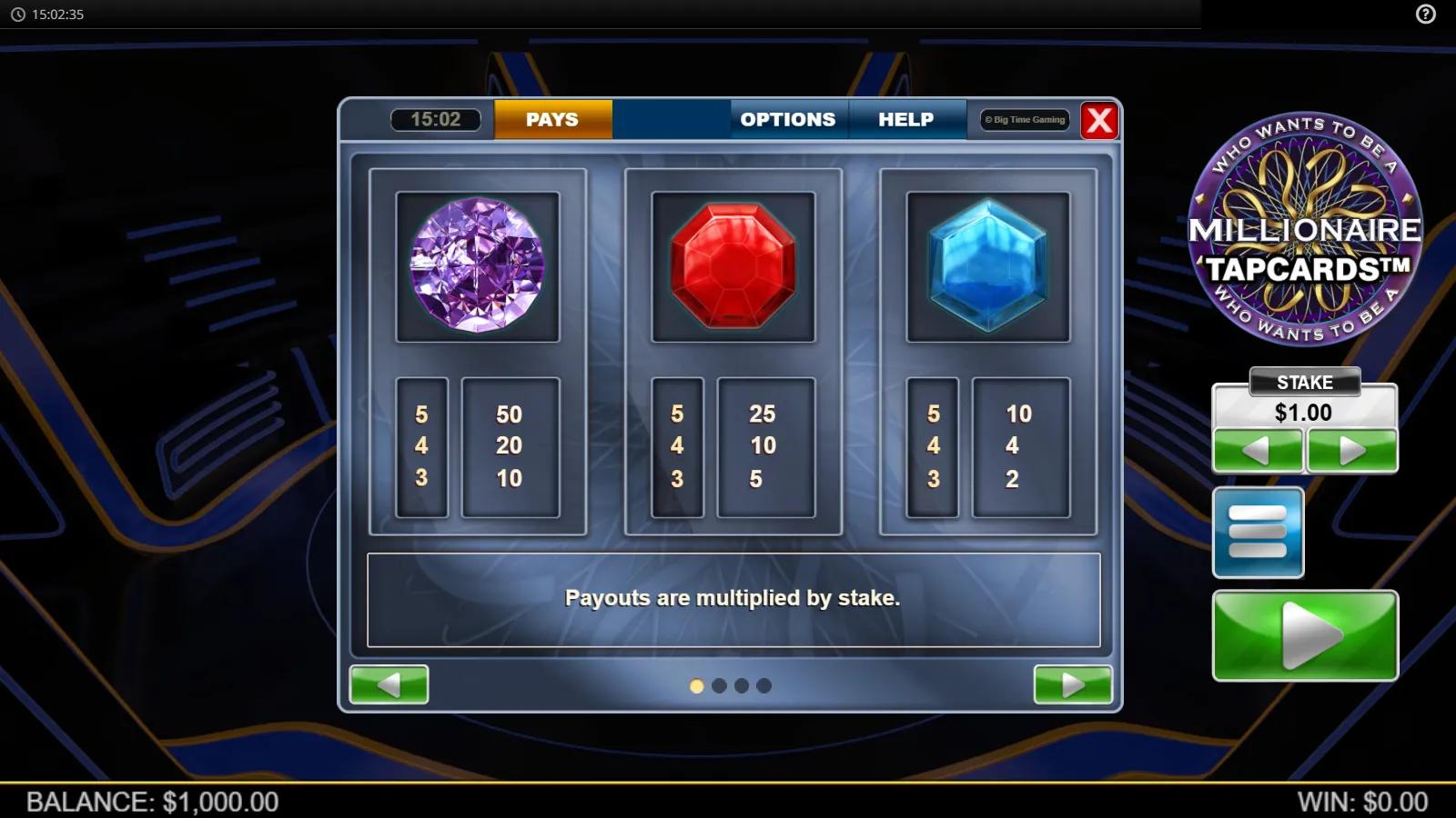 Millionaire TapCards Pays screen showing gem symbol payouts in the Who Wants to Be a Millionaire studio