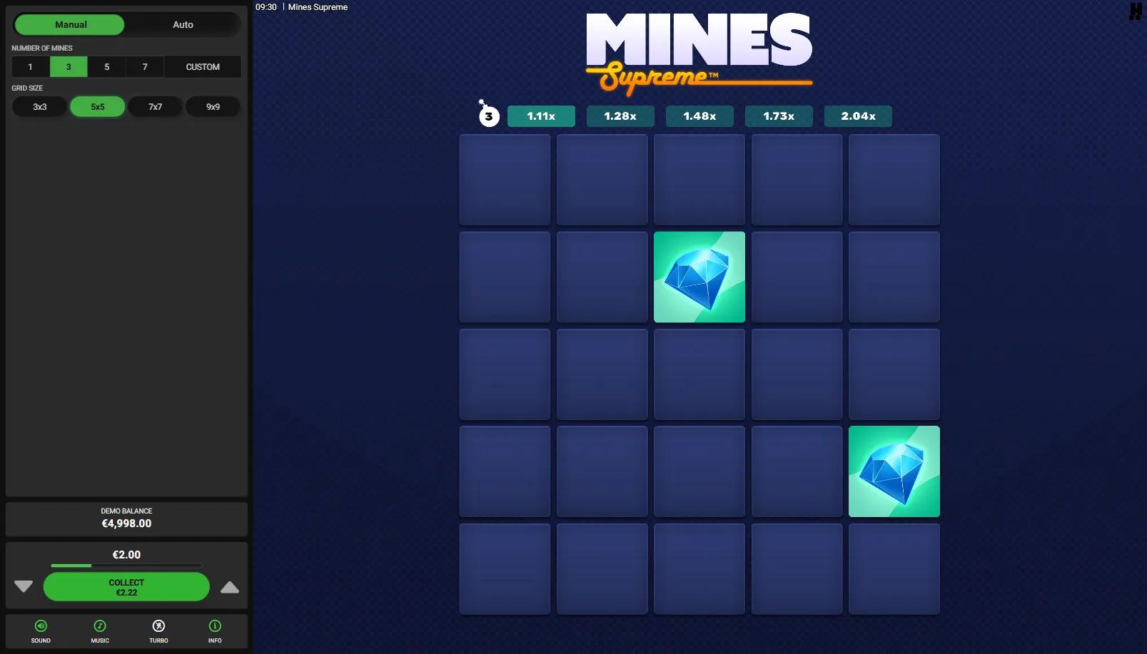 Mines Supreme by Hacksaw Gaming gameplay showing 5x5 grid with two revealed diamonds and active multiplier ladder