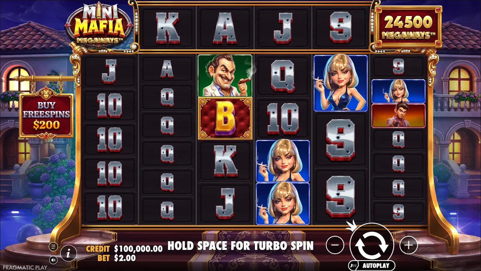 Mini Mafia Megaways slot gameplay showing 6-reel Megaways grid with mobster and card symbols and Buy Freespins panel