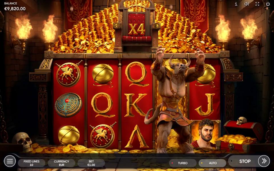 The Minotaur wild covering the whole of reel four with an X4 multiplier on the throne above the grid