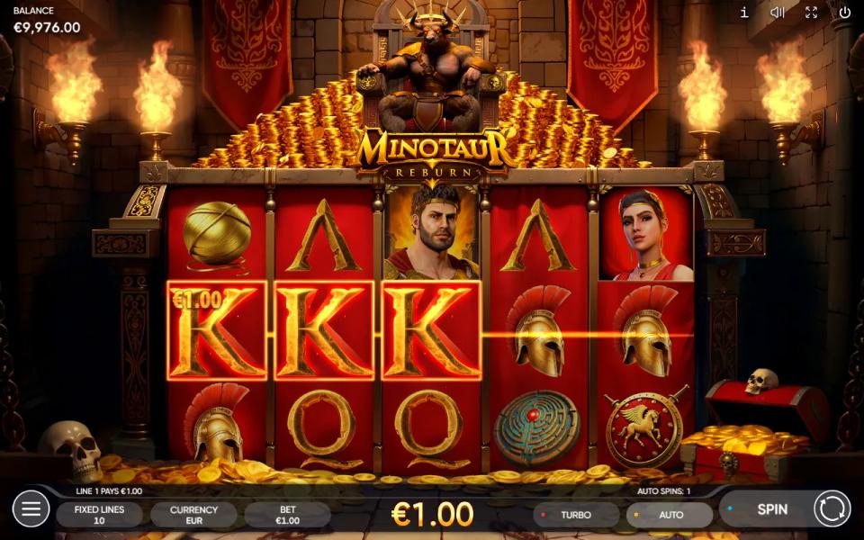 Minotaur ReBurn paying line one with three gold K symbols across the middle row