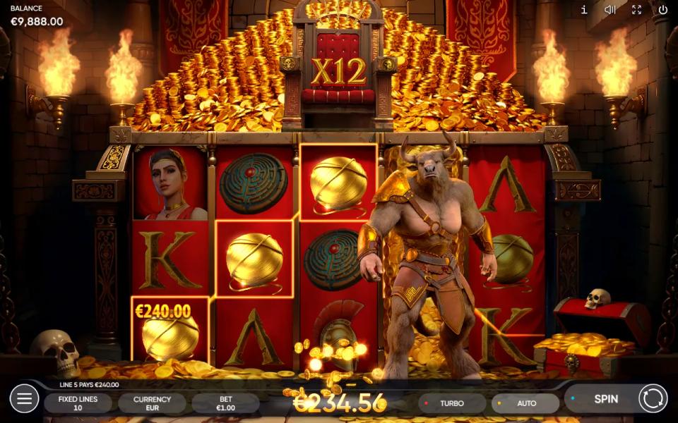 Four golden yarn balls lit across a payline beside the Minotaur wild, with an X12 multiplier on the throne and a 240 euro line win