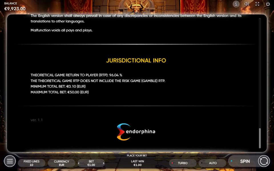 Minotaur ReBurn jurisdictional panel stating a 96.04 percent return and bet limits of 0.10 to 50 euros