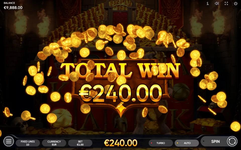 Minotaur ReBurn total win card showing 240 euros under falling gold coins