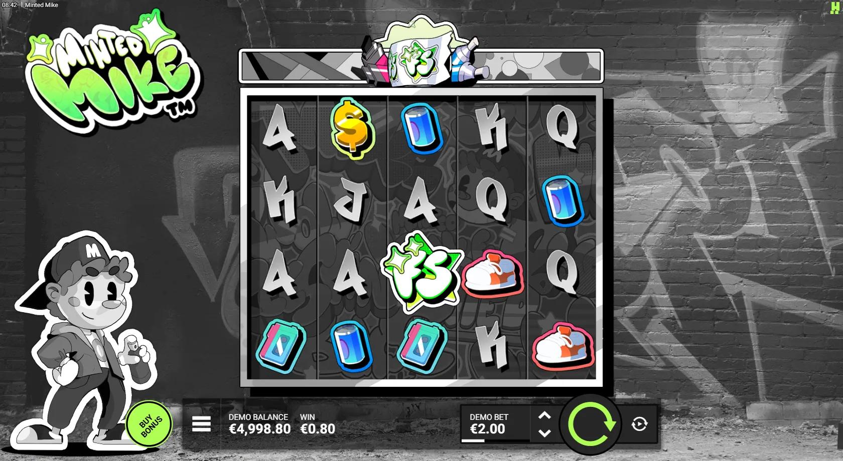 Minted Mike slot gameplay showing 5x4 graffiti grid with FS scatter and spray-can symbols