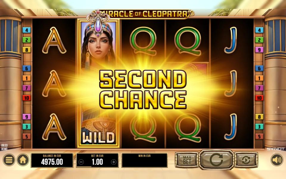 Cleopatra wild expanded over the whole of reel 2 under a Second Chance banner in the base game