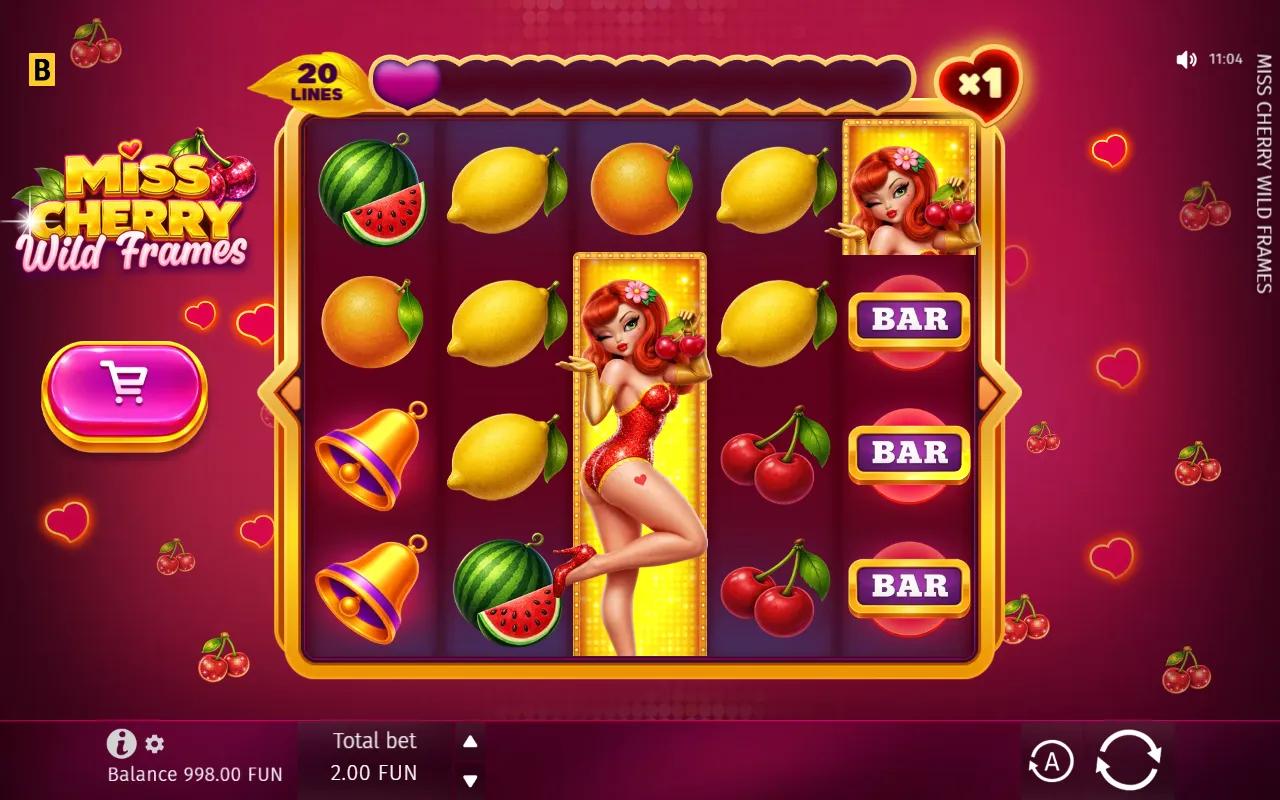 Miss Cherry Wild Frames slot 5x4 fruit grid with the full-reel Miss Cherry symbol and the 20-line frame progress bar
