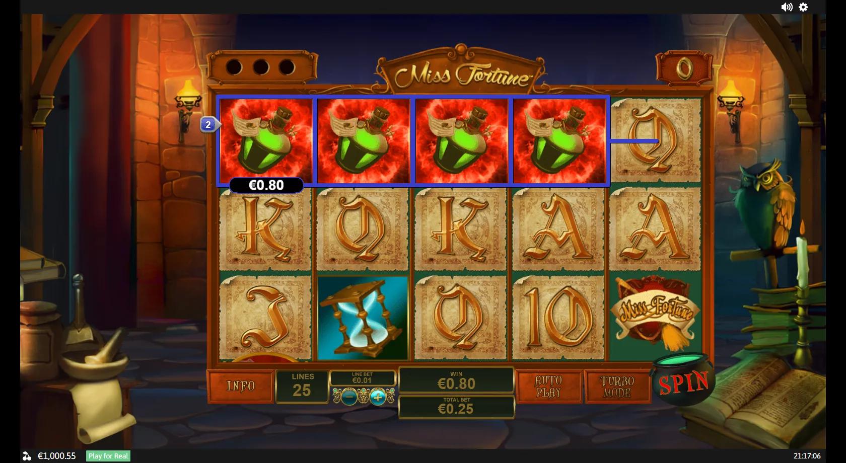 Miss Fortune 5x3 witch's-study grid with the witch, potion, frog, baby dragon and crystal ball wild symbols