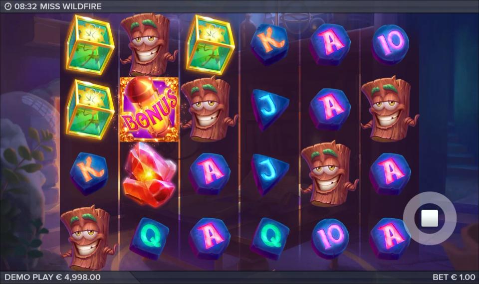 A Miss Wildfire base spin with five grinning log symbols spread across the grid, one bonus symbol on reel two, and no winning line
