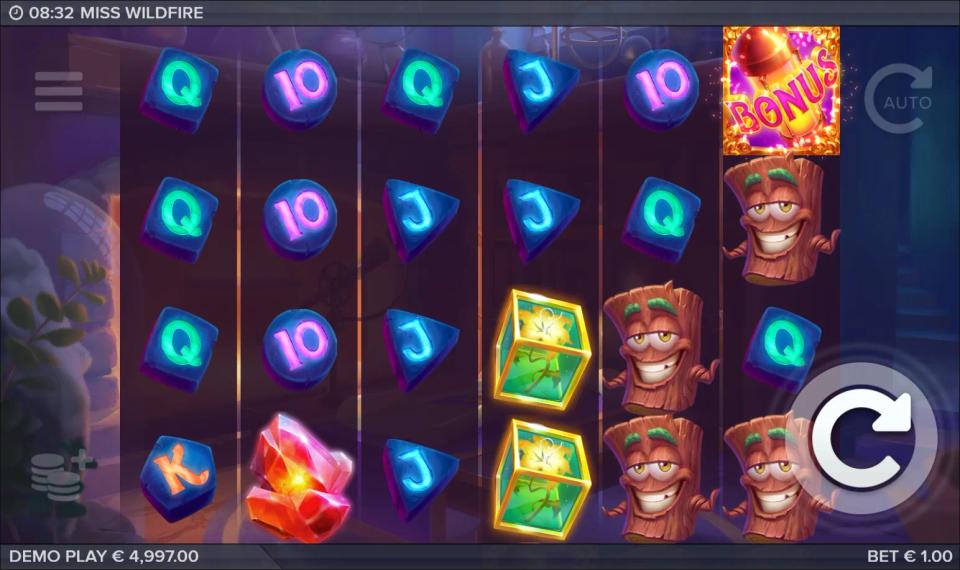A crowded Miss Wildfire board of glowing gem royals with four logs stacked at the bottom right and a bonus symbol in the top corner