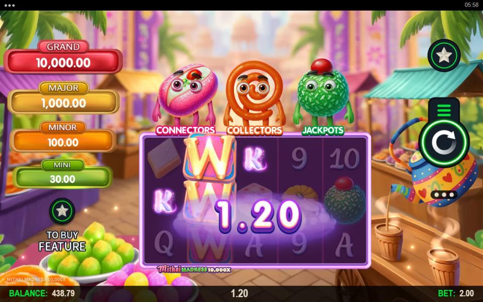 Mithai Madness 10000X reels of Indian sweet symbols with two wilds paying a line win, four jackpot plaques down the left and three feature characters above the grid