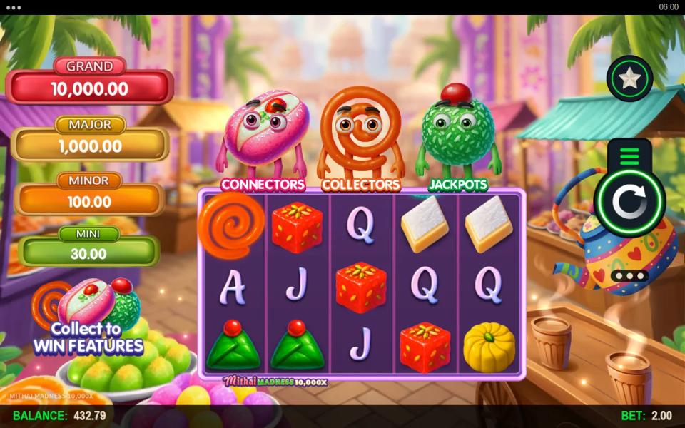 An orange jalebi Collector symbol on the first reel beside a collect to win features prompt