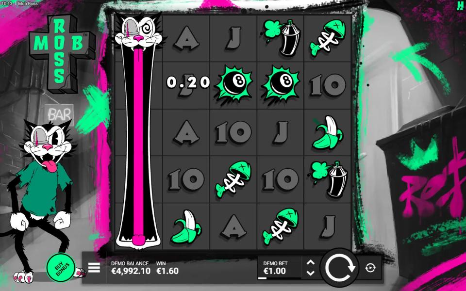 Mob Ross base game on a 5x5 grid, a Mob Ross cat stretched over the whole of reel 1 next to a graffiti alley