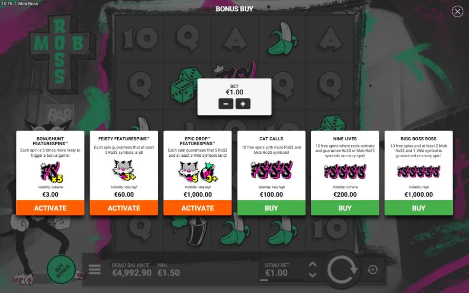 Mob Ross bonus buy menu with three FeatureSpins modes and three bonus rounds and their prices