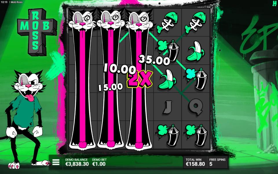 Bigg Boss Ross free spin with three Mob Ross reels side by side and a 2x wild multiplier on reel 3