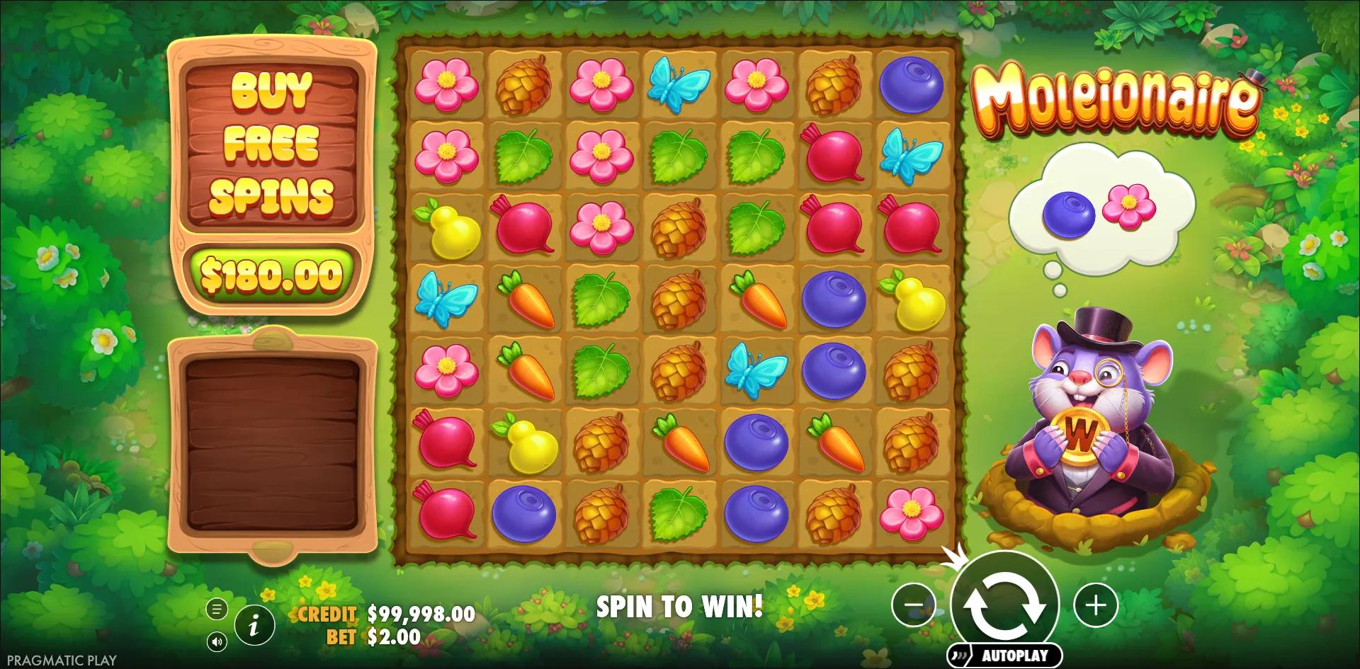 Moleionaire reels showing Animals symbols and Buy Bonus