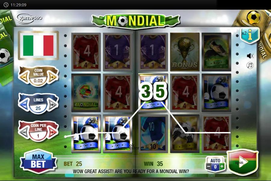 Mondial slot gameplay showing 5x3 football reels with a 35-coin payline win across soccer ball symbols