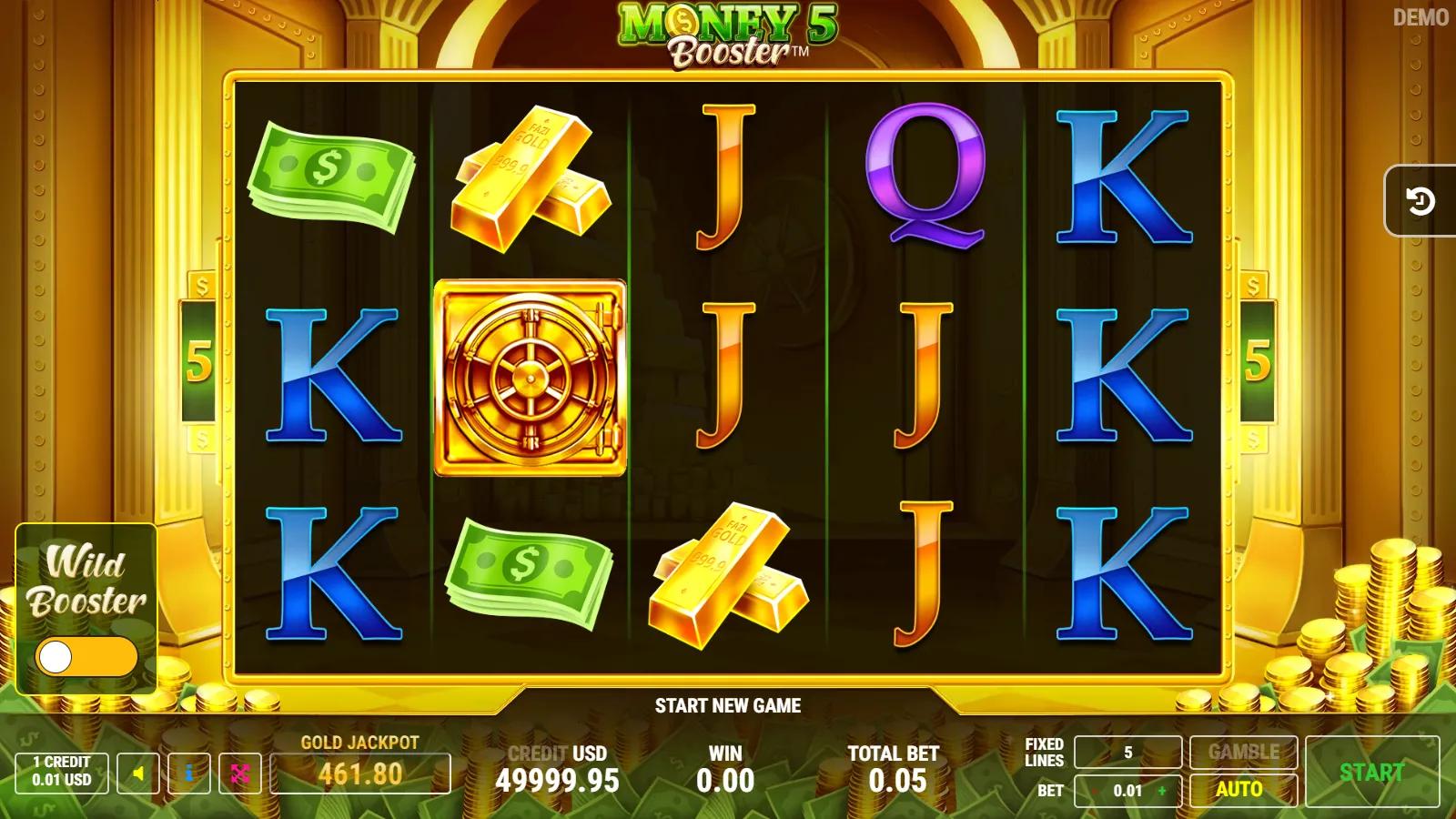 Money 5 Booster slot gameplay showing 5x3 gold-vault grid with gold safe symbol, cash stacks and card royals