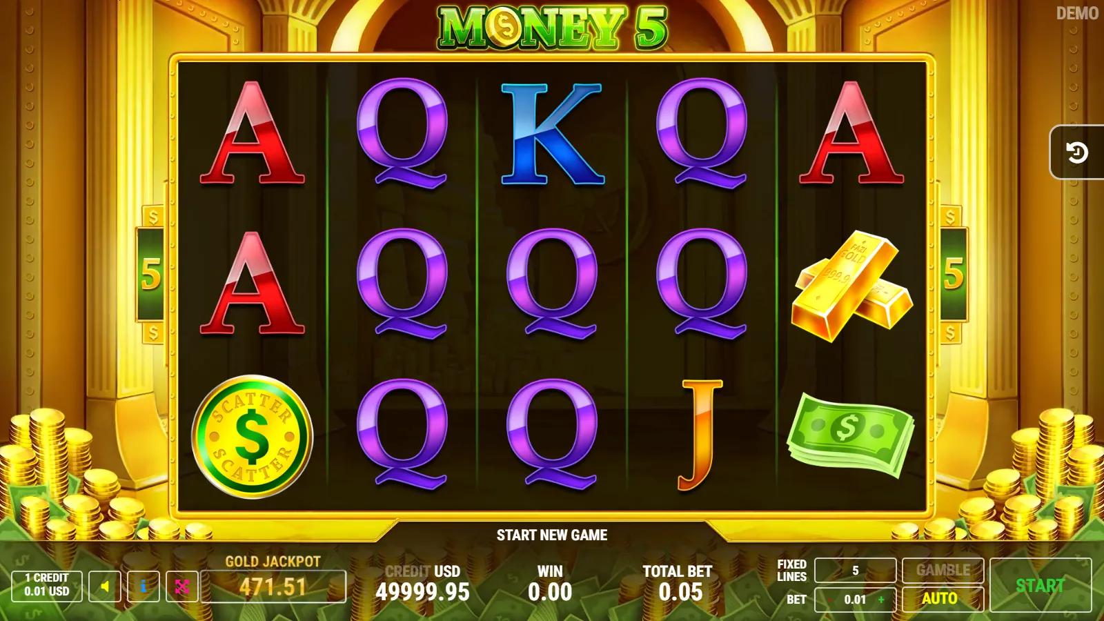 Money 5 slot gameplay showing 5x3 vault grid with gold bars, cash, money lady, dollar scatter coin and 5 paylines