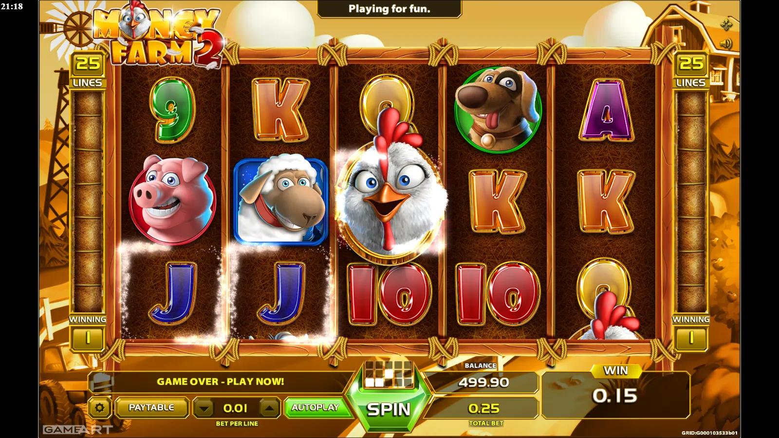 Money Farm 2 slot gameplay showing the 5x3 reels with cartoon pig, cow, sheep, dog and rooster symbols over card royals across 25 lines