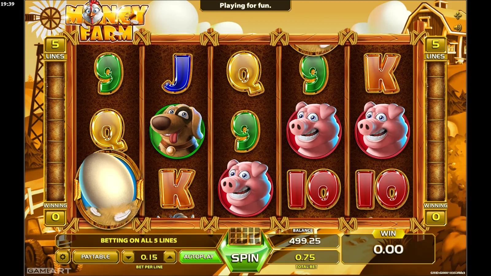 Money Farm slot gameplay showing the 5x3 farmyard grid with a cow, pig, dog, chicken Wild and golden egg symbols across 5 lines