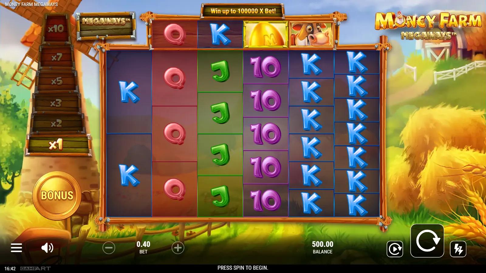 Money Farm Megaways slot gameplay showing the 6-reel Megaways farm grid with cow, pig and dog symbols, a windmill multiplier ladder and a golden egg Scatter