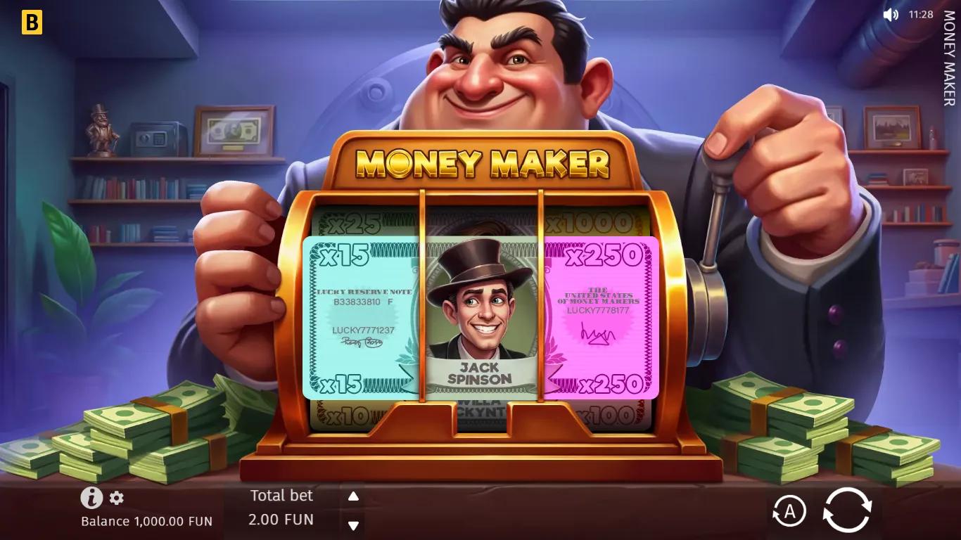 Money Maker by BGaming slot gameplay showing 3x3 grid with Jack Trump banker symbol and dollar-bill multiplier reels