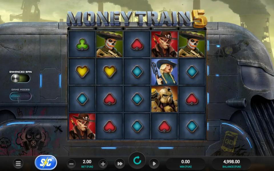 Money Train 5 base game 5x4 grid showing card suit symbols and two character symbols across 40 fixed paylines
