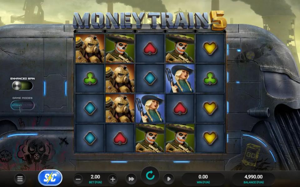 Money Train 5 grid crowded with high-paying character symbols that form no left-to-right combination