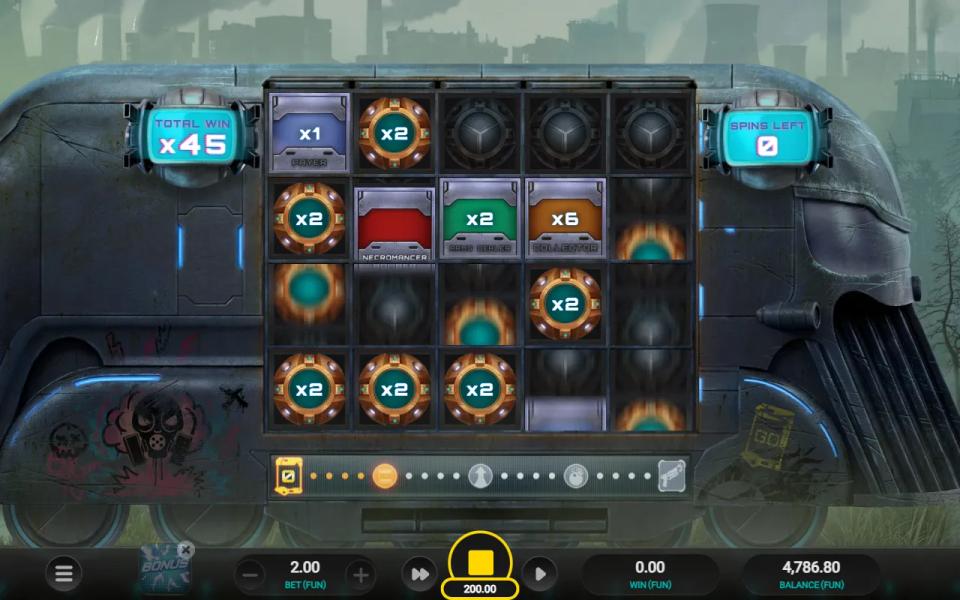 Money Train 5 bonus round grid shifting left under a Ticket with Payer, Necromancer, Arms Dealer and Collector on the reels